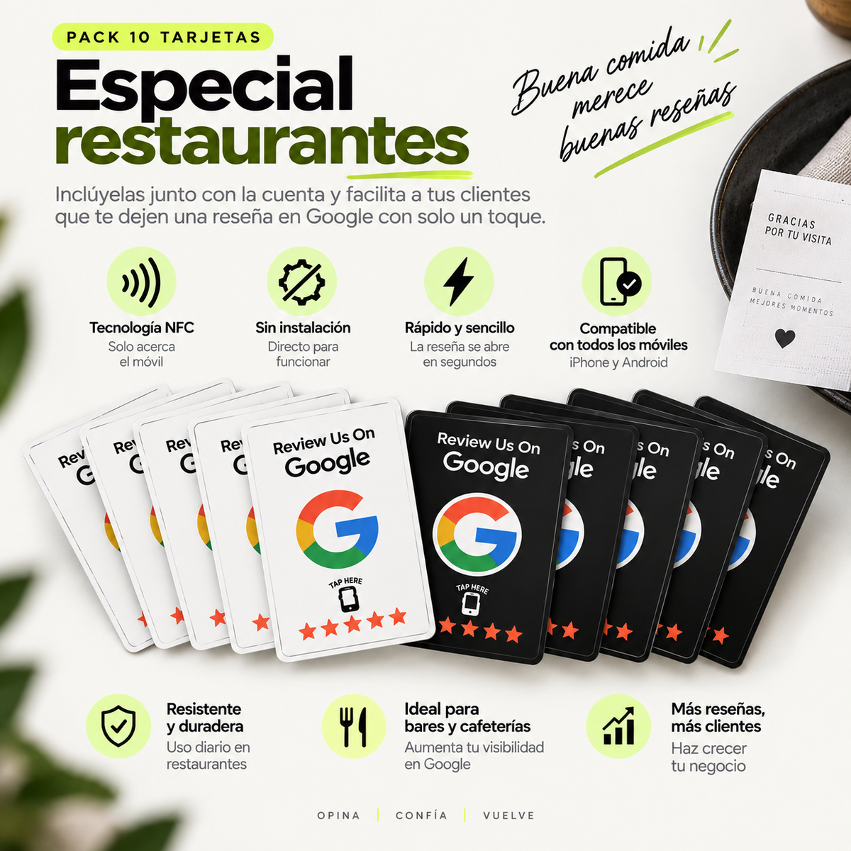 10 x Tarjetas Reseñas NFC Restaurantes