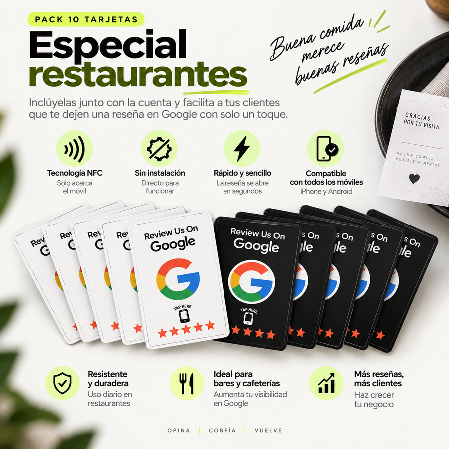 10 x Tarjetas Reseñas NFC Restaurantes